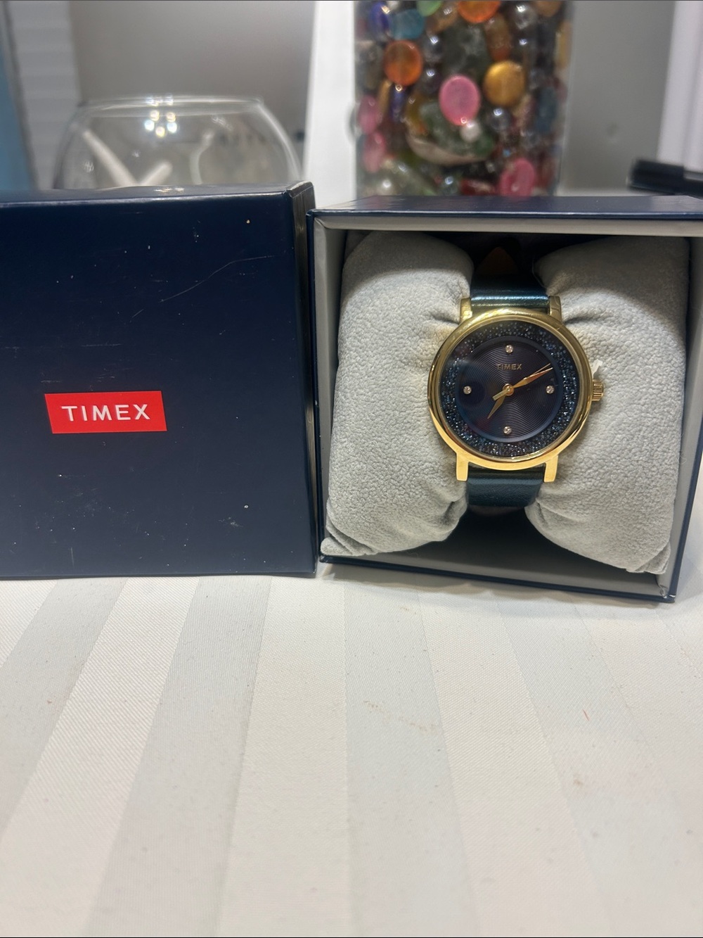 TIMEX Gold-Tone Swarovski  Blue Dial Leather Strap Watch NIB Retail $119